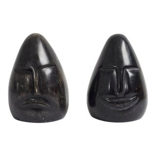 Antique Stone Face Bookends Carved Face - a Pair For Sale