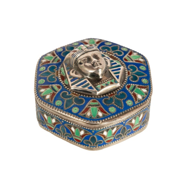 Traditional Antique Art Deco King Tut Egyptian Revival Silver Gilt Enamel Cloisonne Box 1925 For Sale - Image 3 of 14