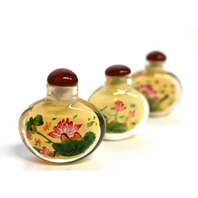 Lotus Reversed Painted Snuff Bottles - Set of 3 For Sale - Image 10 of 13