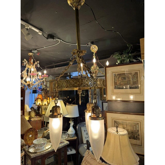 Brass Antique Brass Three Light Tudor Revival Quatrefoil Pattern Chandelier For Sale - Image 8 of 12