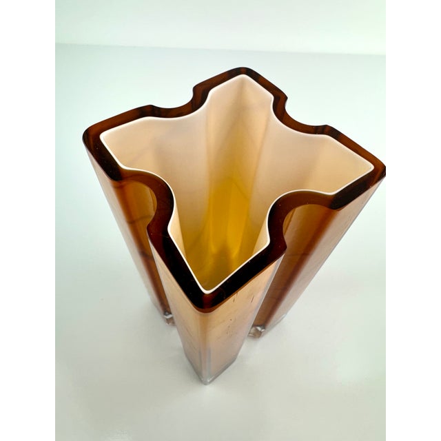 1970s Mid-Century Italian Amber Murano Style Glass Vase With Sculptural Cross-Shaped Design For Sale - Image 10 of 11