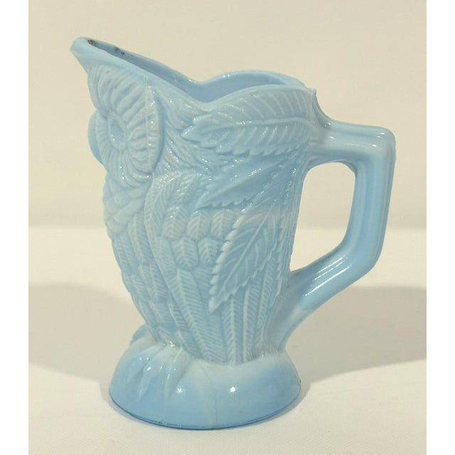 Fascinating blue milk glass creamer by Bryce Higbee in the form of an owl. Beautiful detail
