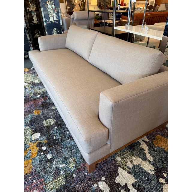 Taupe SVN Interiors Bespoke Tailored Taupe With Oak Wood Sofa For Sale - Image 8 of 12