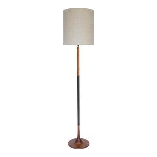 Mid Century Modern Danish Sculpted Teak & Black Leather Floor Lamp For Sale