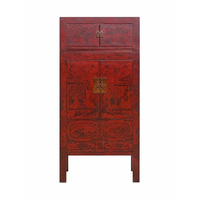 Chinoiserie 96" Tall Red Lacquer Antique Chinese Chinoiserie-Style Cabinet For Sale - Image 3 of 8