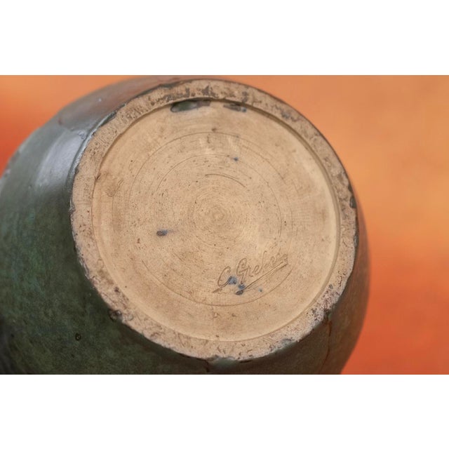 Brown Art Deco Green Glazed Stoneware Vase with Incised Geometric Decor and Small Dots by Charles Gréber for Beauvais Manufactory, 1920s For Sale - Image 8 of 10