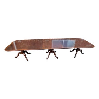 Early 20th Century Large Geogrian Style Three Triple Pedestal Base Inlaid Mahogany Dining Table With Leaves. For Sale