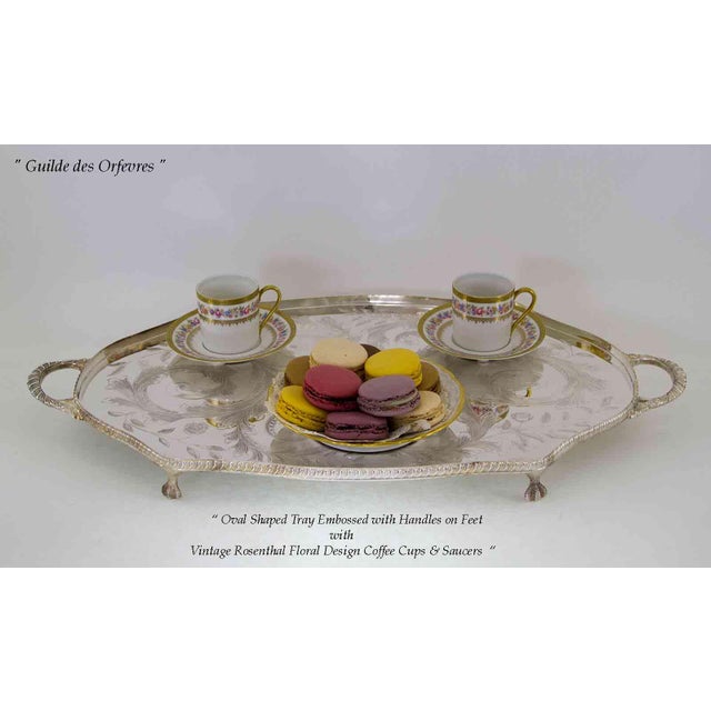 English 1980’s Vintage/New Silver Oval Shaped Gallery Tray With Feet, Embossed For Sale - Image 3 of 7