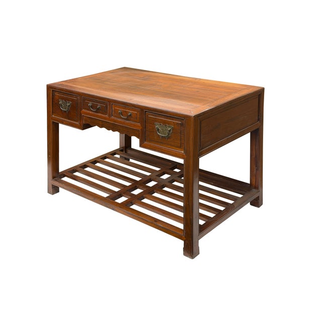 1970s Vintage Brown Stain Patina Deep Rectangular Drawers Desk Table For Sale - Image 5 of 13