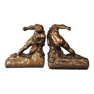 Antique KBW Kathodian Bronze Works Hercules Muscular Strongman Bronze Clad Bookends - a Pair For Sale