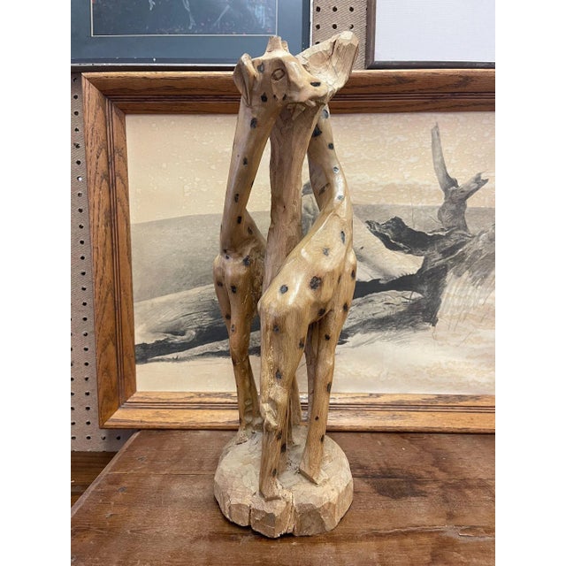 This Vintage Piece Features Two Carved Giraffes Circling a Tree. Rustic Design. The Spots Appear to Have Been...