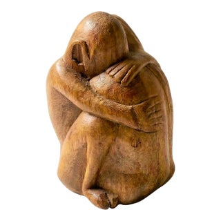 Vintage Folk Art Embracing Couple Carved Wood Sculpture For Sale