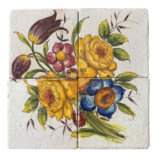 Tile Mosaic with Floral Motif from Cerámica Sevilla, 1950s, Set of 4 For Sale