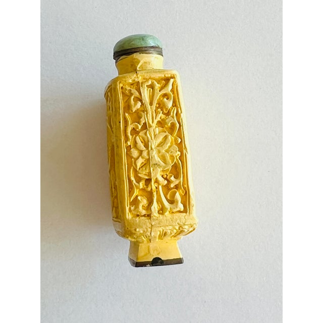 Chinese Light Yellow Carved Resin Snuff Bottle With Jade Stopper For Sale - Image 3 of 7