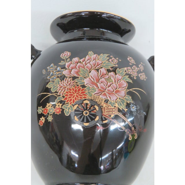 Mid 20th Century Japanese Porcelain Small Handled Vase Black With Gold Trim Floral Motif 5022b For Sale - Image 5 of 11