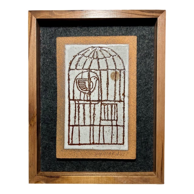 Rare! Mid Century Modern 1970s David D. Cunningham Ceramic Wall Tile Framed For Sale