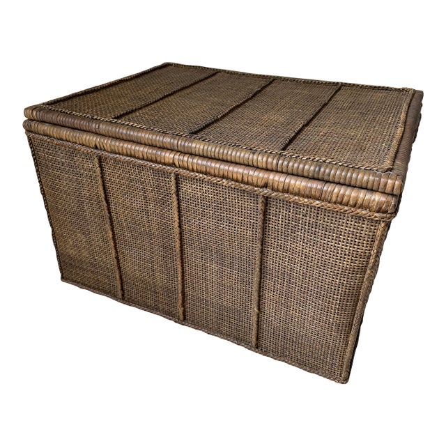 Vintage 1970’s French Cane & Rattan Trunk Basket With Glass Top Side Table For Sale