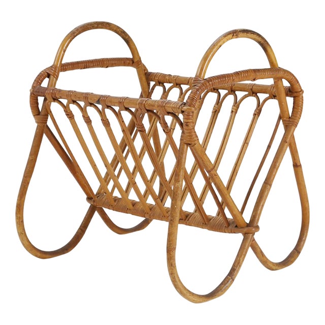 Vintage French Rattan Magazine Rack, 1950s For Sale