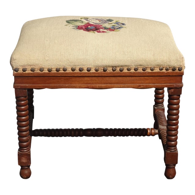 Vintage French Tan Floral Tapestry Bench Stool Decorative Nails & Bobbin Legs For Sale