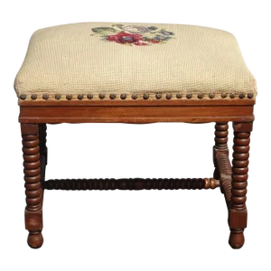 Vintage French Tan Floral Tapestry Bench Stool Decorative Nails & Bobbin Legs