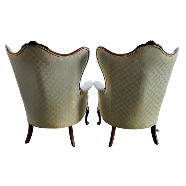 Vintage French Louis XV Style Carved Wood Wingback Bergère Chairs in Pale Green Damask – Pair For Sale - Image 11 of 12