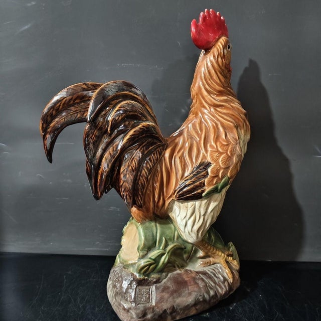 Art Deco Ceramic Rooster Figurine, Colorful Hand-Painted With Bamboo Base (Peace & Safety Symbol) For Sale - Image 3 of 7