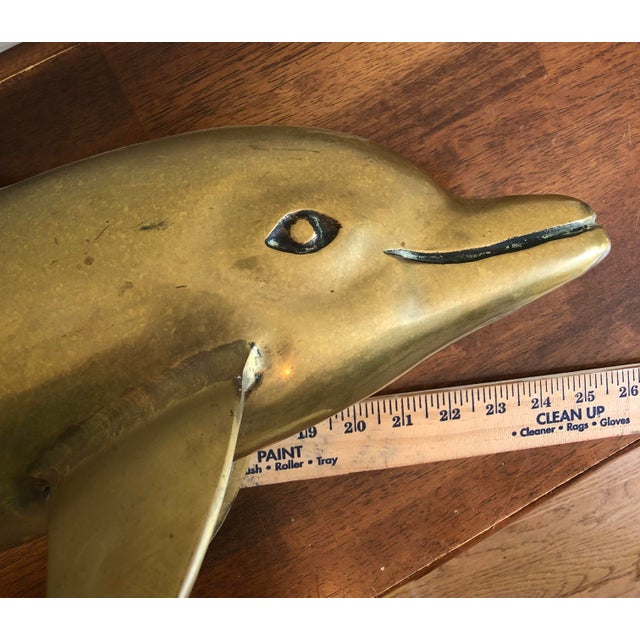 Vintage Mid-Century Solid Brass 21-Inch Leaping Dolphin Sculpture For Sale - Image 9 of 12