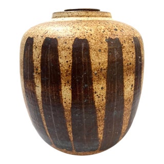 1970's Striped Stoneware Covered Storage Jar - Ken Edwards Montana Potter For Sale