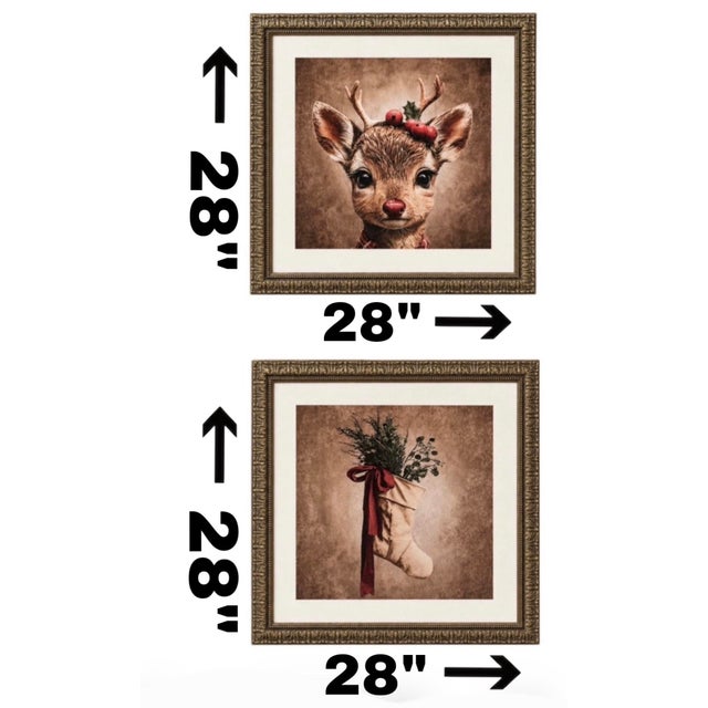 Pair of 28” Square Christmas Canvas Canvas Prints in Heavy Carved Gilt Wood Frames For Sale - Image 11 of 12