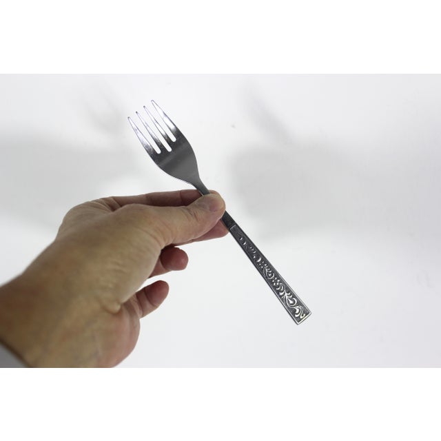 Curated Set of 6 Mid Century Modern Stainless Steel Salad or Dessert Forks, Mismatched Vintage Table Setting, Six Fork, MCM Black Background For Sale - Image 9 of 9