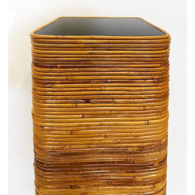 Late 20th Century Tall Vintage Pencil Reed Rattan Pedestal With Black Glass For Sale - Image 5 of 6