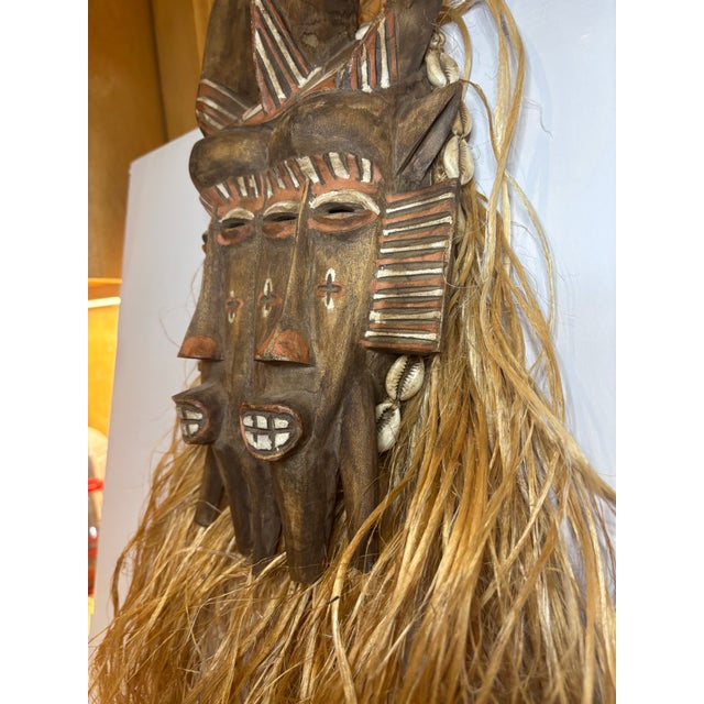 Late 19th Century West African Double-Faced Carved Wood Mask With Raffia and Cowrie Shells For Sale - Image 9 of 11