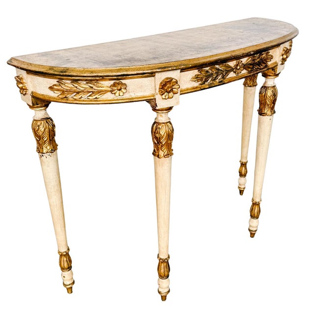 French 1950s Neoclassical Style Italian Gilt & Cream Painted Finish Demilune Console Table For Sale - Image 3 of 13