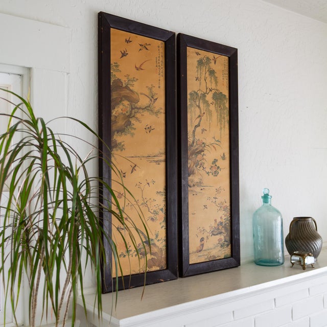 Wood Pair of 1960s Chinoiserie Printed Paper Panels With Asian Bird Motif For Sale - Image 7 of 14