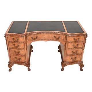 Antique Burr Walnut Pedestal Desk with Leather Top, 1900 For Sale