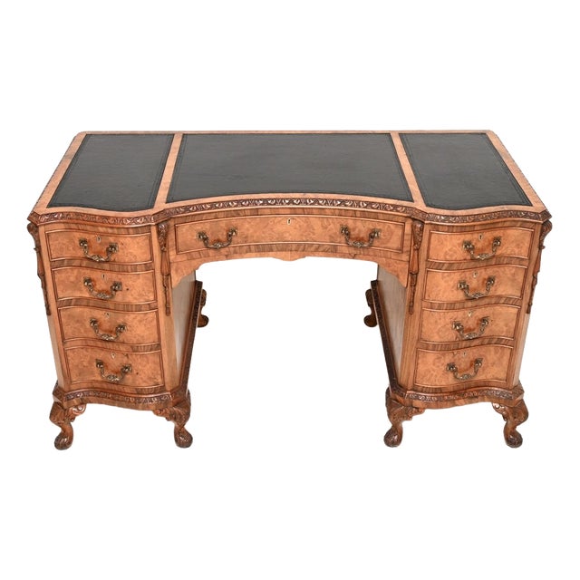Antique Burr Walnut Pedestal Desk with Leather Top, 1900 For Sale