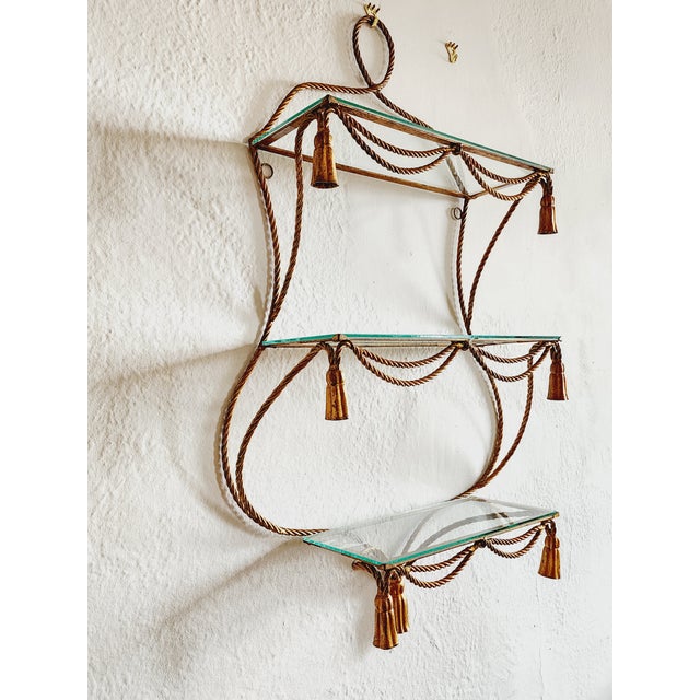 Vintage Hollywood Regency Style Italian Gilt Iron Rope & Tassle Wall Shelf For Sale - Image 4 of 12