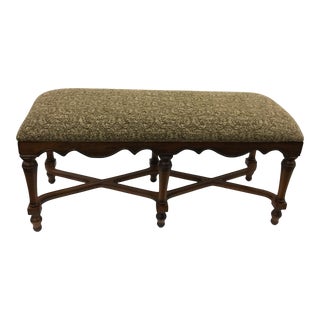 Vintage Mediterranean Style Double X Base Maple Bench With Upholstered Seat For Sale