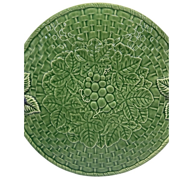 Farmhouse Vintage Bordallo Pinheiro Green Majolica Basketweave Cheese & Cake Platter For Sale - Image 3 of 12