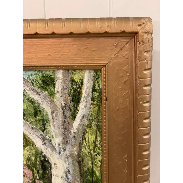 Wood Vintage American Impressionist Original Oil Painting Pink Trees Lakeside Cottage Floral Forest For Sale - Image 7 of 9