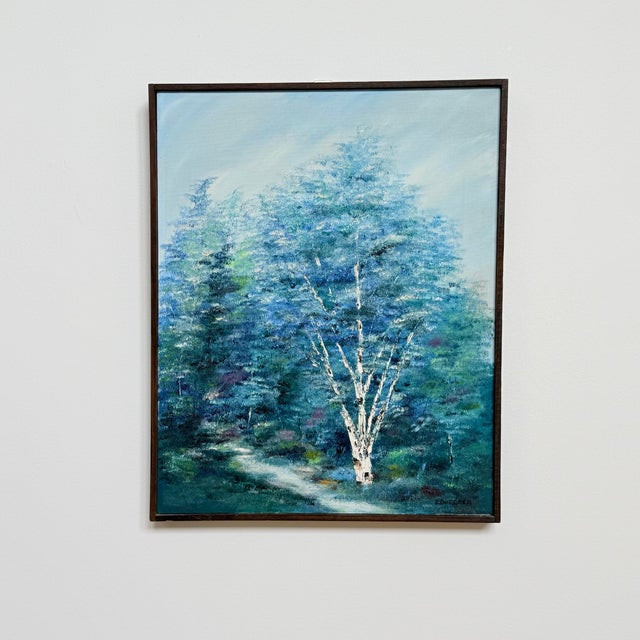 Blue Vintage Signed E. Dutcher Birch Landscape Painting in Blue-Green Tones For Sale - Image 8 of 8