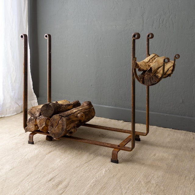 1980s Large Hammered Steel Firewood and Kindling Rack With Rustic Patina For Sale - Image 5 of 16