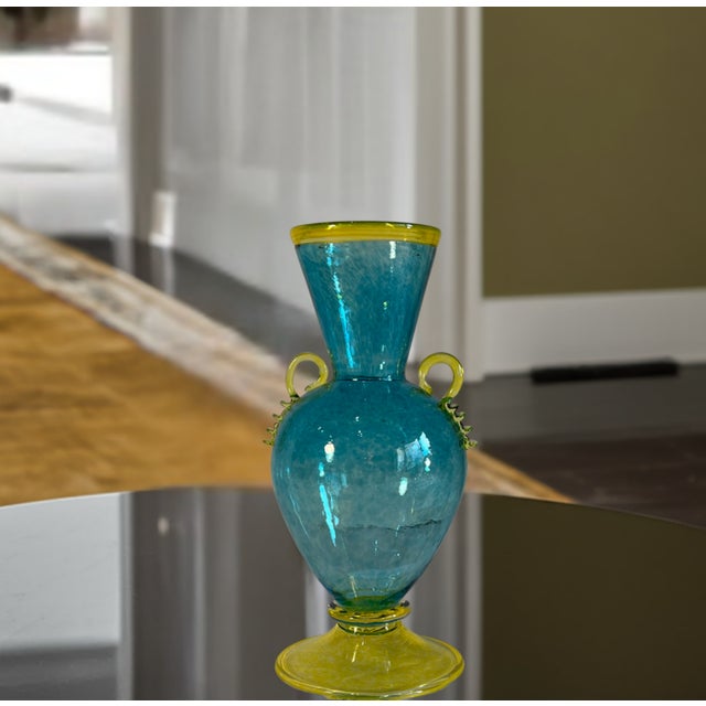 Murano Art Glass Aqua Yellow Handled Amphora Vase For Sale - Image 4 of 14
