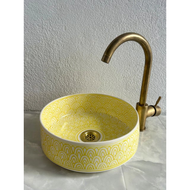 Moroccan Yellow Ceramic Round Sink for Bathroom, Vessel Sink with Brass Drain For Sale - Image 4 of 8