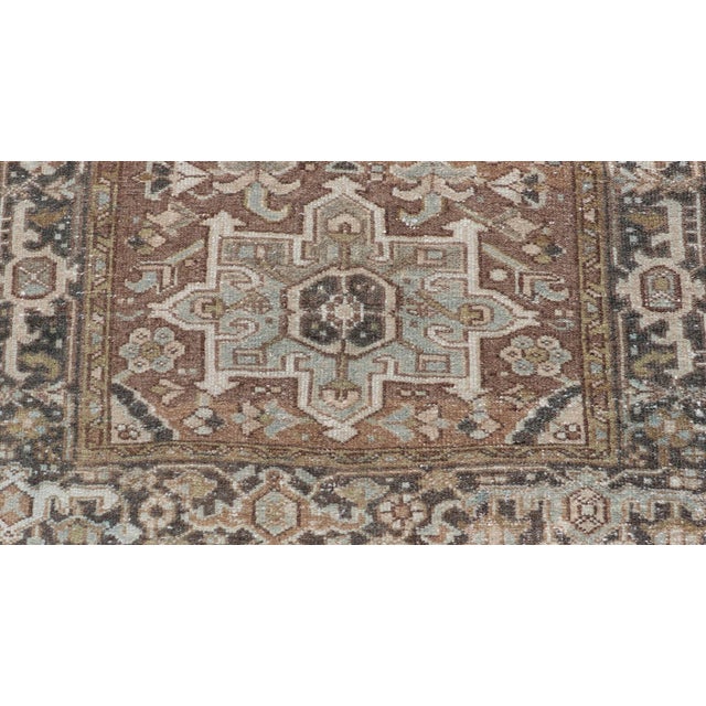Antique Persian Heriz Rug With Geometric Medallion Design in Mocha, Blue, & Tan For Sale - Image 10 of 12