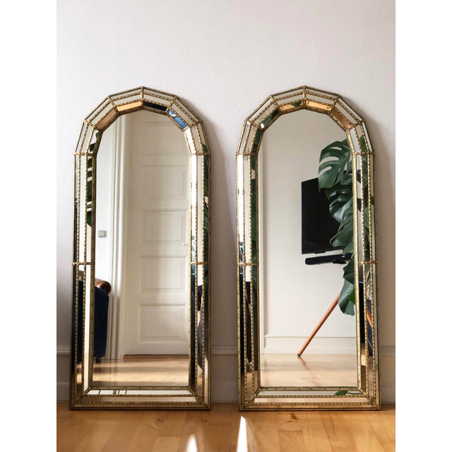 Wood Pair of Large Vintage Venetian Full Length Brass Mirrors – Gold Hollywood Regency, Spanish 1990s For Sale - Image 7 of 13