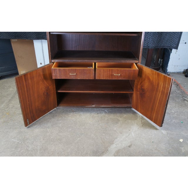1940s Mid Century Walnut Burl Carved Library Bookcase Bookshelf Cabinet Drawers 58" For Sale - Image 4 of 14