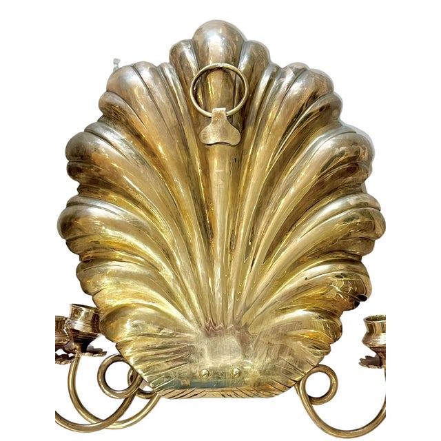 Pair Vintage Hollywood Regency Large Size Grotto Style Brass Shell Three Light Wall Sconces For Sale - Image 11 of 11