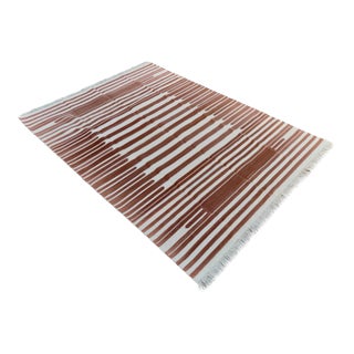 Handmade Cotton Natural Vegetable Dyed Flat Weave Reversible Tan and White Striped Rug - 5'x7' For Sale