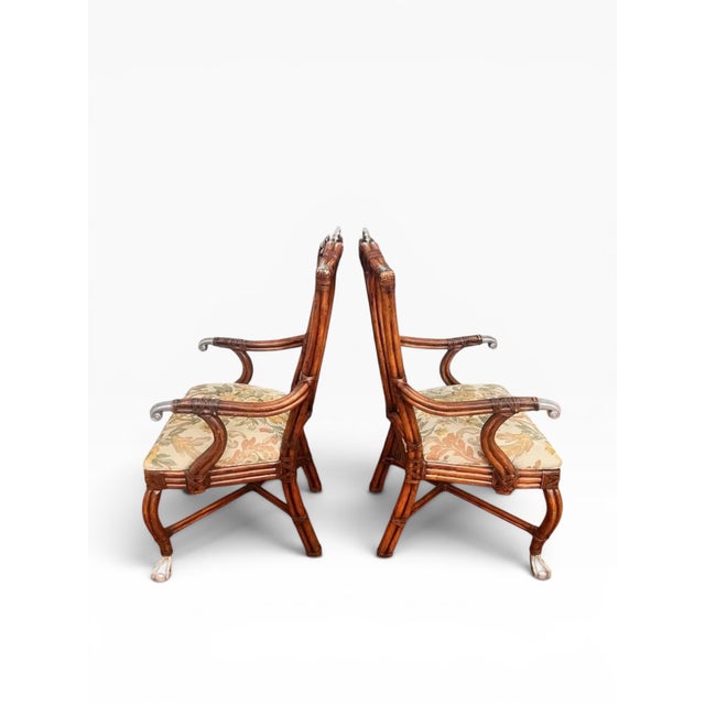 1990s Reupholstered Century Furniture Bamboo & Rattan Ball in Claw Arms Chairs - Set of 3 For Sale In Boston - Image 6 of 12